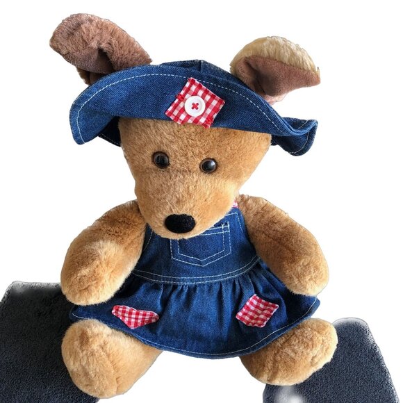 Build A Bear Teddy Bear Picnic Tan Bear Denim Jumper Matching Hat  12 " - Picture 6 of 8